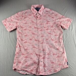 Izod Saltwater Hawaiian Shirt Men M Pink Flamingo All Over Print Relaxed Classic
